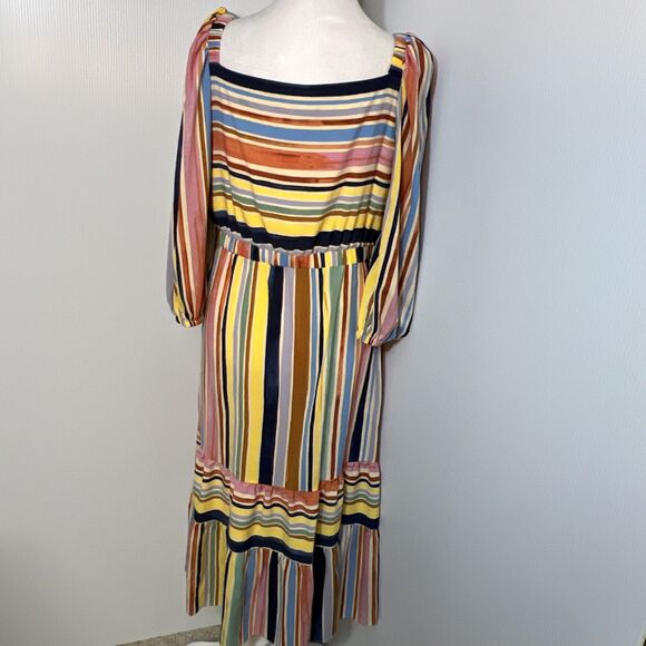 Donna Morgan Rainbow Stripe Tiered Midi Dress Sz 8 Square Neck Cottagecore Boho - Picture 3 of 6